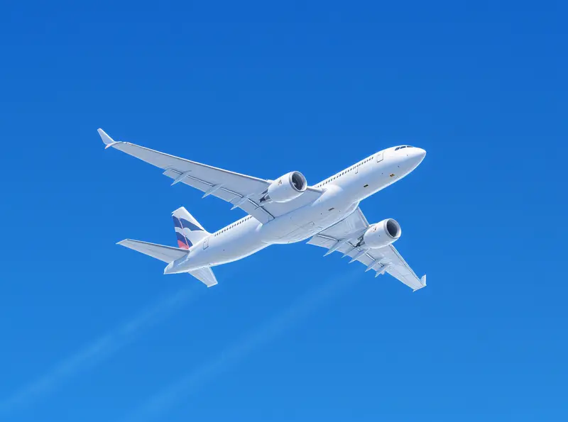 Por que os aviões deixam rastros brancos no céu Um avião a jato branco cria duas trilhas de condensação grossas em um céu azul claro, visíveis em alta altitude.