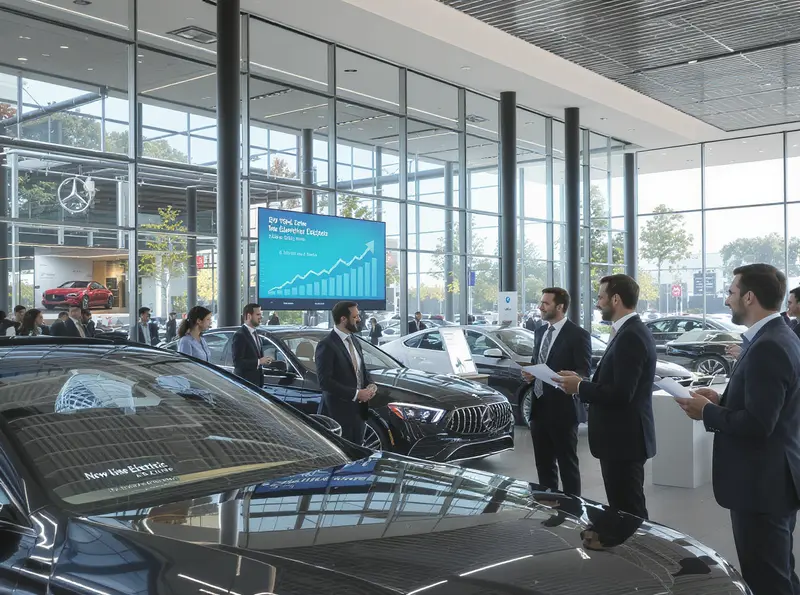 Vendas de automóveis na Alemanha crescem 11,1% em julho de 2025 Visão interior de uma concessionária de carros alemã moderna, repleta de clientes e veículos novos.