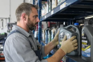 Mecânico estudando galões de óleo de motor em prateleira de oficina, com foco no rótulo.