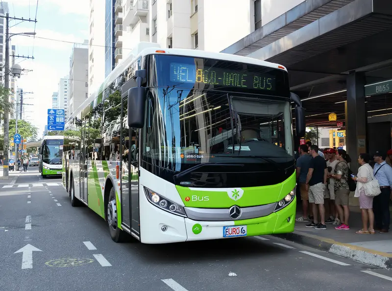Frota de ônibus menos poluente: Brasil investe em renovação sustentável Ônibus urbano branco e verde com logo Euro 6 em ponto de ônibus movimentado, pessoas sorrindo.