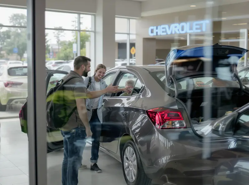 Vendas de sedãs em agosto: Onix Plus retoma liderança no mercado brasileiro Família de três pessoas, pai, mãe e filho adolescente, observando um sedã Chevrolet Onix Plus cinza numa concessionária. Porta-malas aberto e foco nos detalhes do carro e expressões alegres da família.