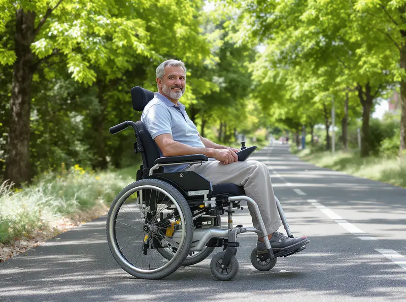 Governo nega boato sobre cobrança de IPVA para cadeiras de rodas em 2026 Homem em cadeira de rodas motorizada sorri em uma ciclovia sob o sol matinal.