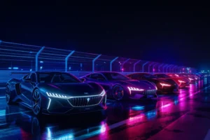 Três carros elétricos chineses de alta performance (GAC, Xiaomi, Zeekr) alinhados em pista noturna.