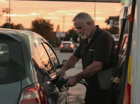 Frentista de uniforme azul abastecendo um Fiat Uno branco em um posto de gasolina ao pôr do sol.