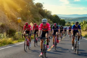 Grupo de ciclistas de estrada em jerseys coloridos pedalando em estrada sinuosa com paisagem verde ao fundo. Luz solar destaca detalhes das bicicletas e expressões de foco e contentamento. Reflexo da ascensão do ciclismo de estrada no Brasil.
