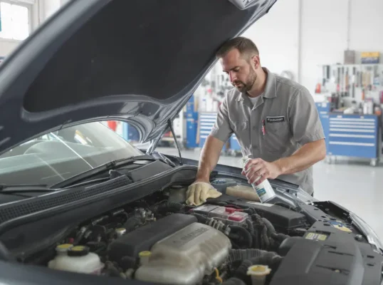 Mecânico olha para motor de carro em preparação para limpeza, segurando produtos em oficina.