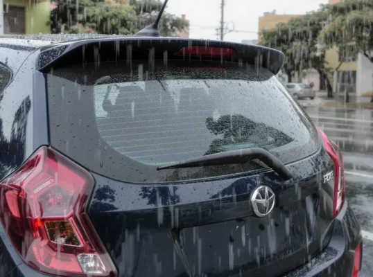 Traseira de carro hatch escuro em dia chuvoso, com vidro traseiro sujo sem limpador.