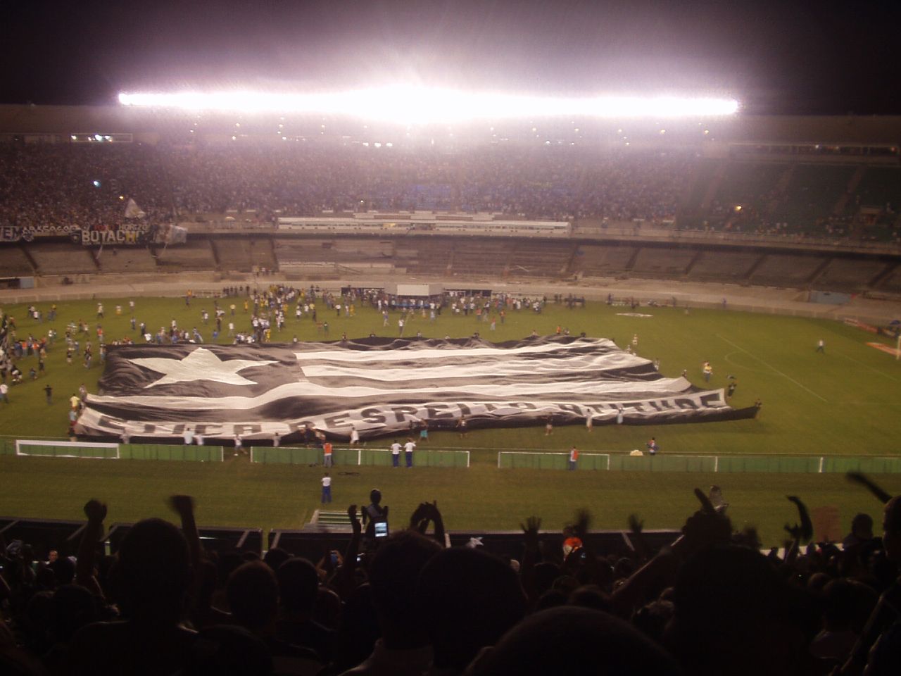 Bandeirão da torcida do botafogo estendida no campo do Nilton Santos