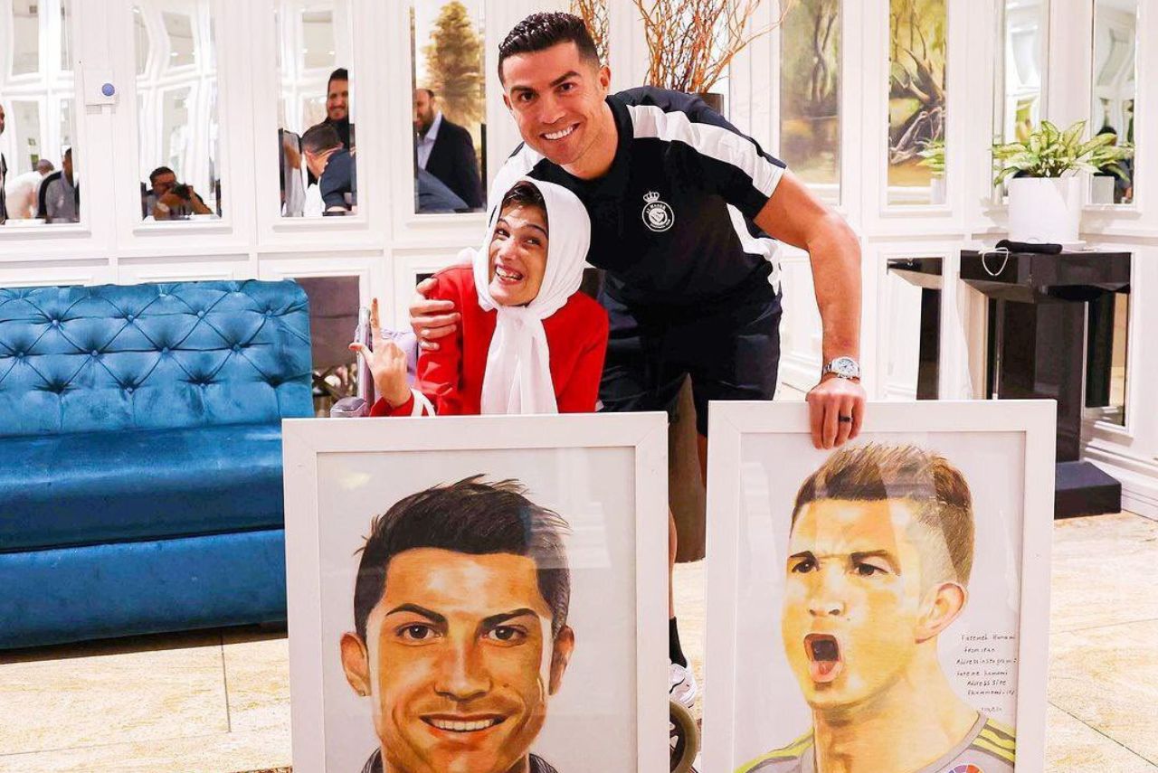 Cristiano Ronaldo encontrou a artista Fatemeh Hamami antes da partida contra o Persepolis (Foto: Al-Nassr/Divulgação)
