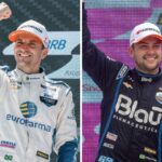 Colagem de Daniel Serra e Felipe Fraga comemorando em pódios da Stock Car em 2023