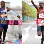 Corte com imagens dos maratonistas Kelvin Kiptum e Eliud Kipchoge