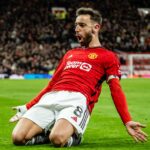 Meia Bruno Fernandes comemora gol em jogo do Manchester United na Premier League 2023/24