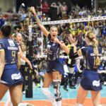 Lance do jogo Minas x Praia Clube na final da Superliga de Vôlei 2023/24