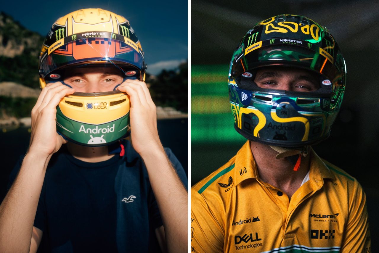 Pilotos Lando Norris e Oscar Piastri, da McLaren, com capacetes em homenagem a Ayrton Senna