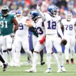 John Ross jogando pelos Giants, contra os Eagles em 2021. Foto: ELSA/GETTY IMAGES NORTH AMERICA/Getty Images via AFP