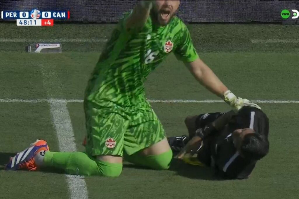 Auxiliar foi amparado pelo goleiro canadense Maxime Crepeau