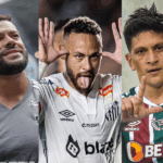 Neymar, Hulk e Cano juntos em um estádio de futebol.