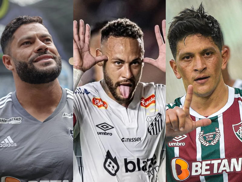 Neymar, Hulk e Cano juntos em um estádio de futebol.