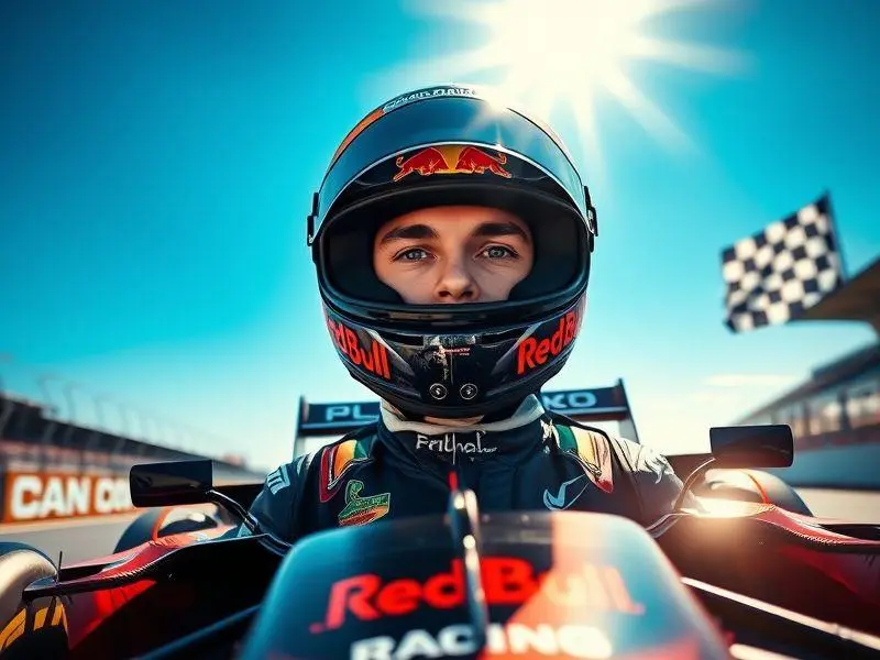 Max Verstappen condução um carro de corrida Red Bull em uma pista de Fórmula 1.