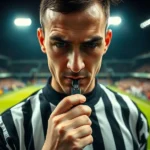 Imagem ultrarrealista de um árbitro apitando em um estádio de futebol.