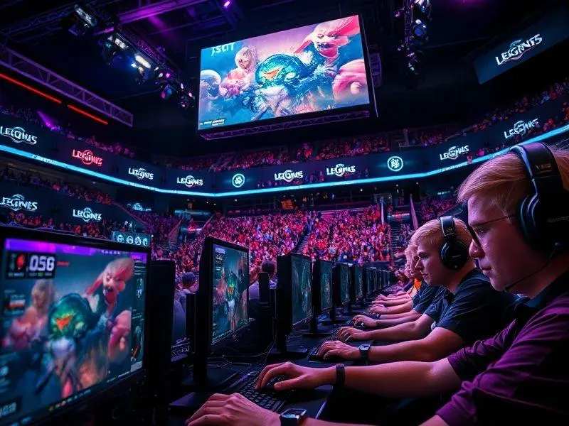 Arena de E-Sports com jogadores concentrados e fãs entusiasmados.