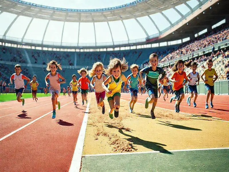 Crianças diversas praticando atletismo em um estádio ensolarado, demonstrando alegria e trabalho em equipe.
