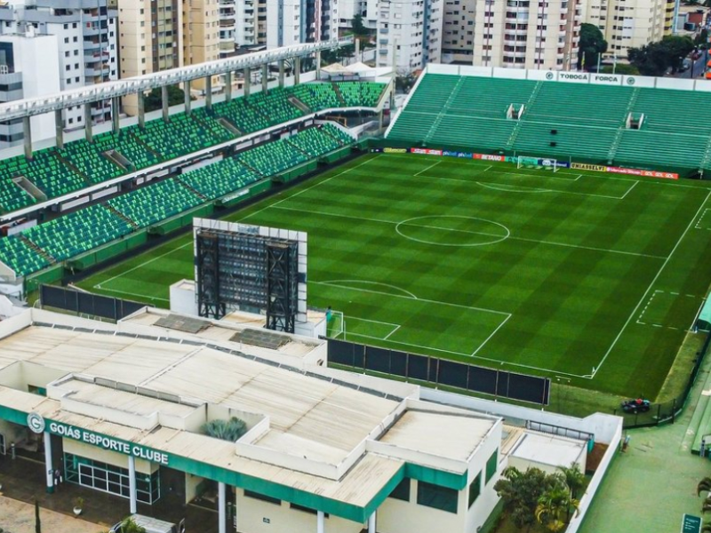 Torcida do Goiás cantando e agitando bandeiras no estádio.