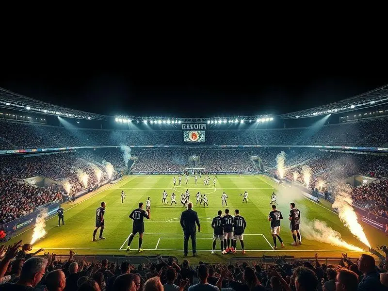 Visão dramática da Arena Corinthians iluminada durante um jogo da Libertadores.