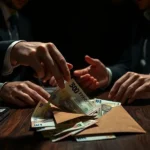 Imagem de uma troca de dinheiro secreta, simbolizando a corrupção e a falta de transparência.