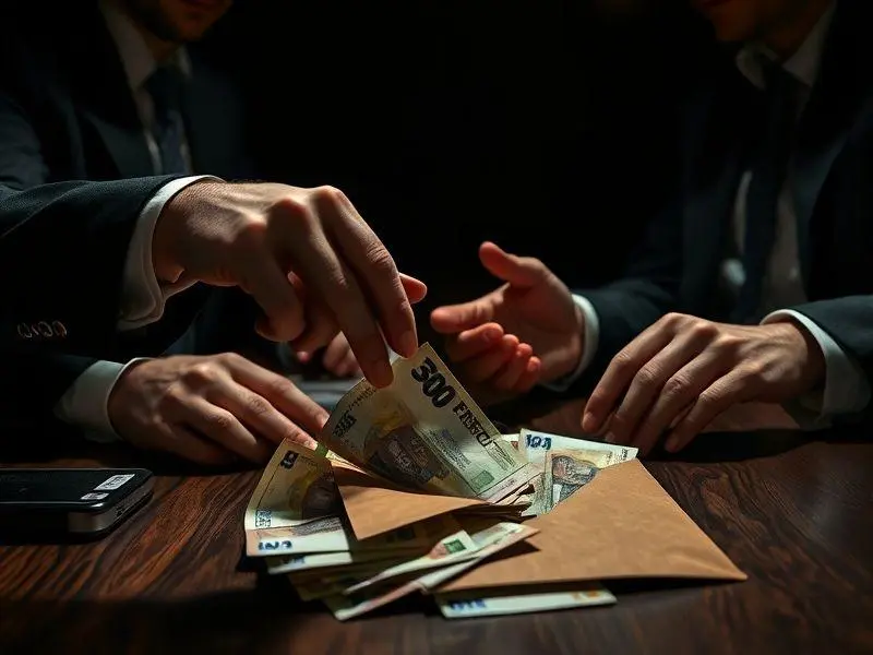 Imagem de uma troca de dinheiro secreta, simbolizando a corrupção e a falta de transparência.