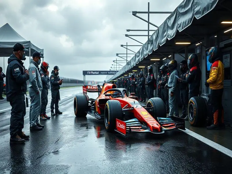 Pit lane do Bahrein durante chuva nos testes de F1.