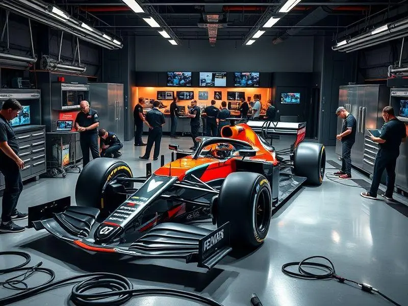 Garagem de equipe de Fórmula 1 durante o lançamento de novo carro, com engenheiros e equipamentos de alta tecnologia.