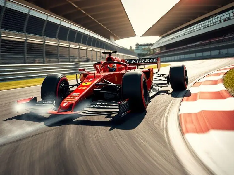 Carro de Fórmula 1 da Ferrari em alta velocidade na pista.