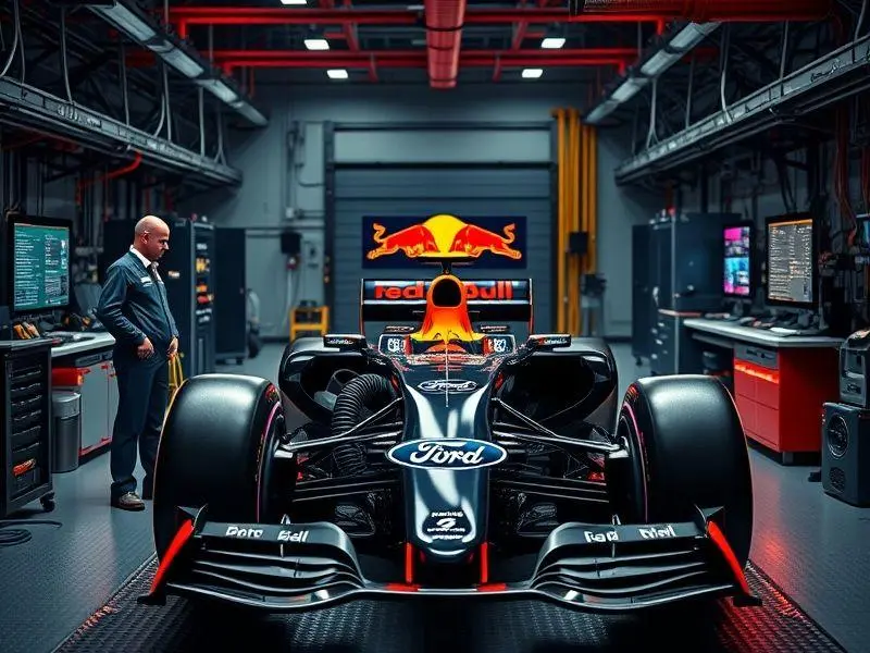 Engenheiros Ford e Red Bull trabalhando em motor Fórmula 1.