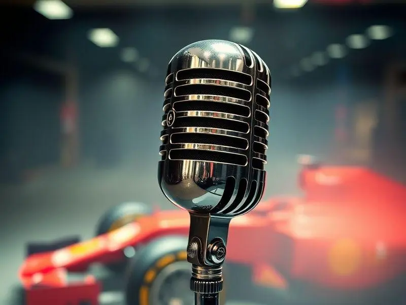 Microfone vintage em frente a um carro de Fórmula 1 em alta velocidade.