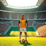 Jovem jogador de futebol em destaque no estádio.