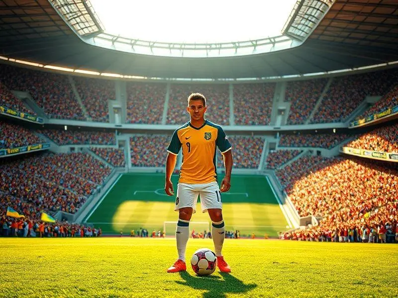 Jovem jogador de futebol em destaque no estádio.