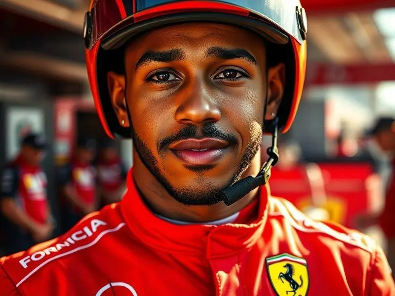 Close-up de Lewis Hamilton com o uniforme da Ferrari no pit lane.