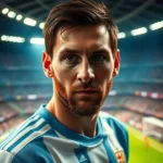 Fotografia ultrarrealista de Lionel Messi com a camisa da Argentina em um estádio de futebol.