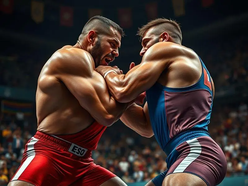 Dois atletas competindo em uma luta olímpica sob holofotes em uma arena cheia.