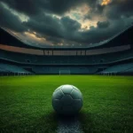 Estádio de futebol vazio ao entardecer com uma bola no centro, representando o luto no esporte.