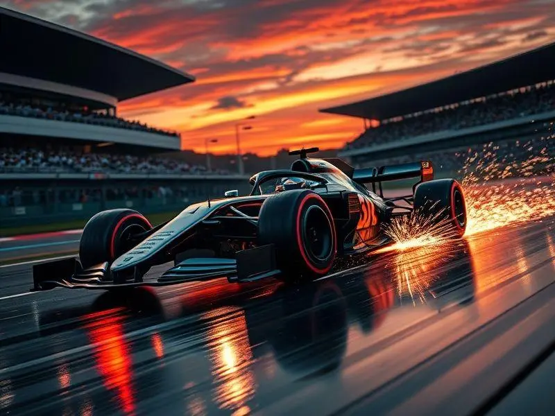 Carro Mercedes W16 de Fórmula 1 em corrida noturna, design aerodinâmico avançado.