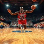 Michael Jordan arremessando a bola durante um jogo contra o Chicago Bulls.