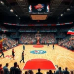 Jogo de basquete entre NBA e equipe europeia em arena moderna.