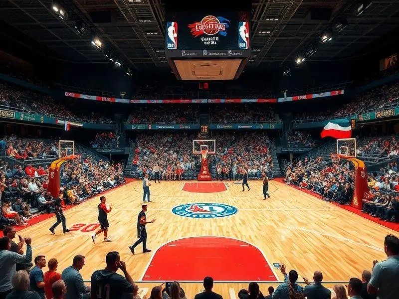 Jogo de basquete entre NBA e equipe europeia em arena moderna.
