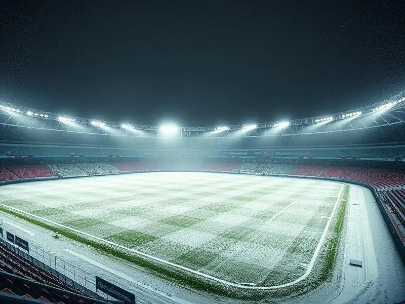 Estádio de futebol envolto em neblina densa, luzes dramáticas, cadeiras vazias.