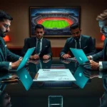 Agentes negociando contrato de futebol, Rony e Gabigol, luzes neon, escritórios modernos.