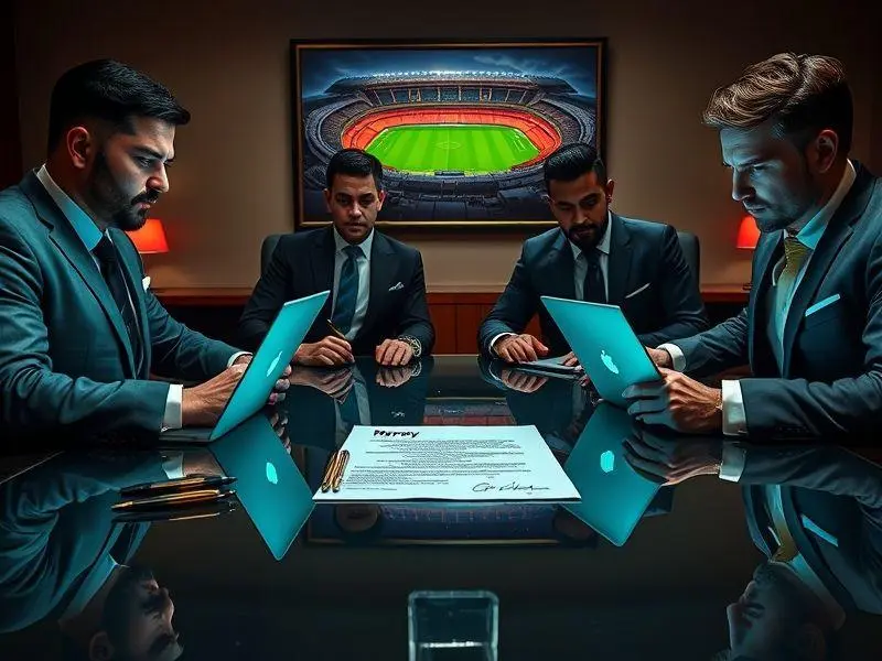 Agentes negociando contrato de futebol, Rony e Gabigol, luzes neon, escritórios modernos.