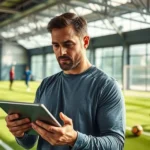 Nutricionista esportivo analisando dados de atletas de futebol em um centro de treinamento moderno.