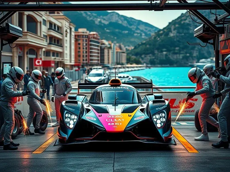 Carro de Fórmula 1 sendo atendido por mecânicos durante um pit stop em Mônaco.